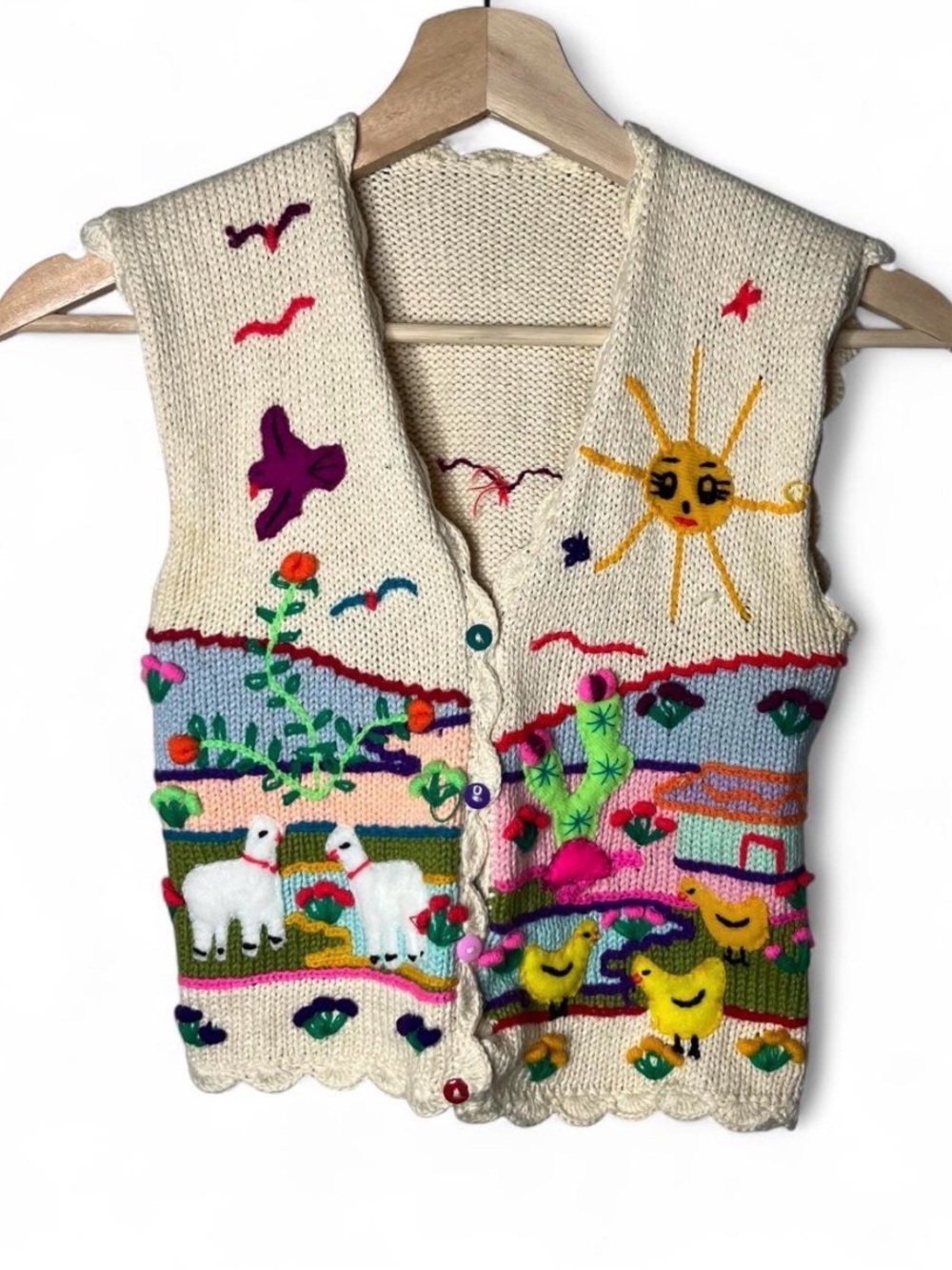 Vintage Handmade Kid’s Colorful Knit Sweater Vest Novelty Farm Animals Sun